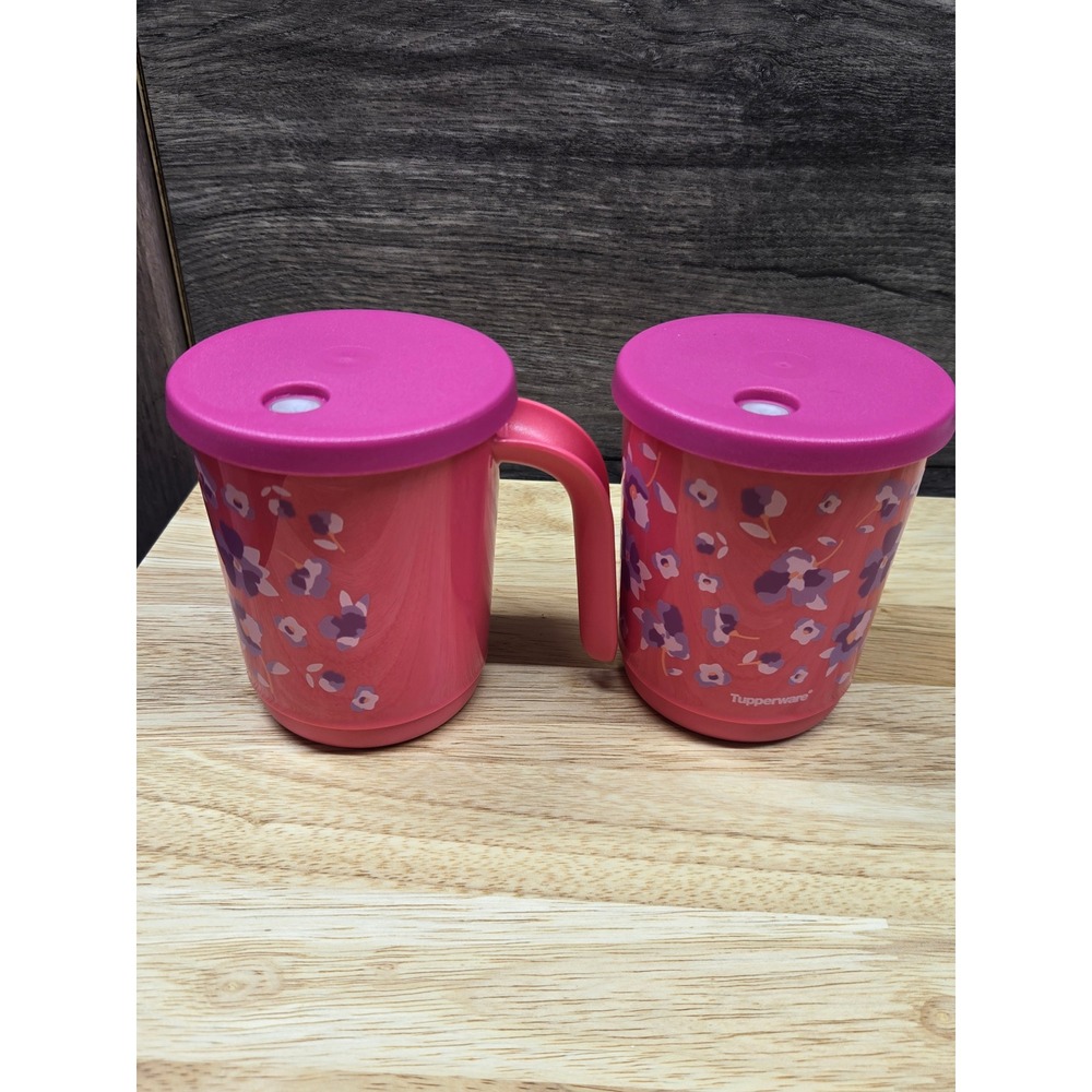 Tupperware 11oz Floral Microwave Mugs with Vented Lids Set of 2 Pink 7686A-3